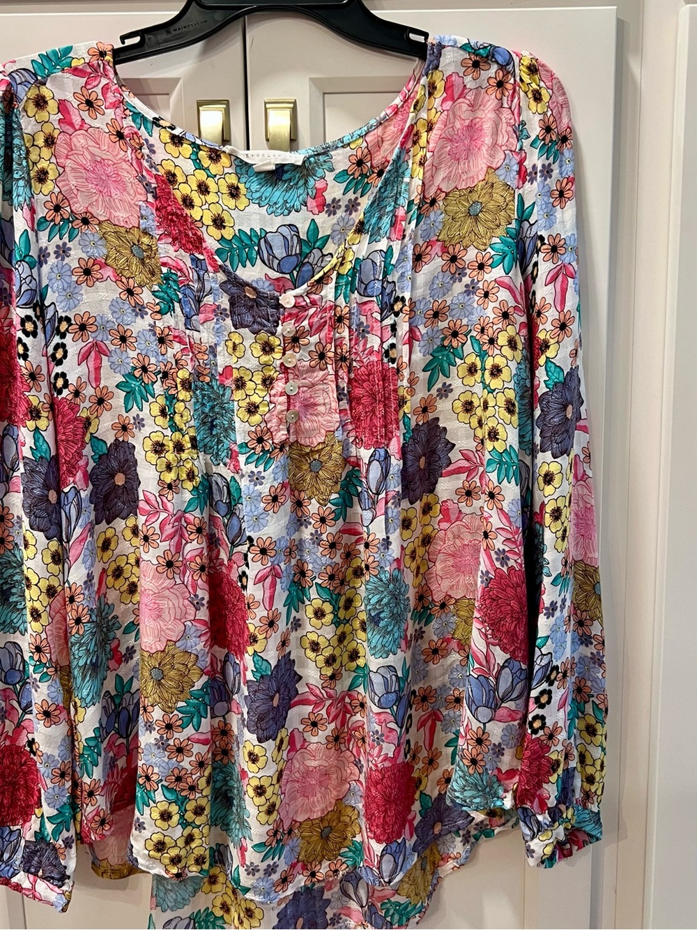 Jane and Delancey size Large Floral Peasant Blouse in Pink, Yellow, Teal, Purple